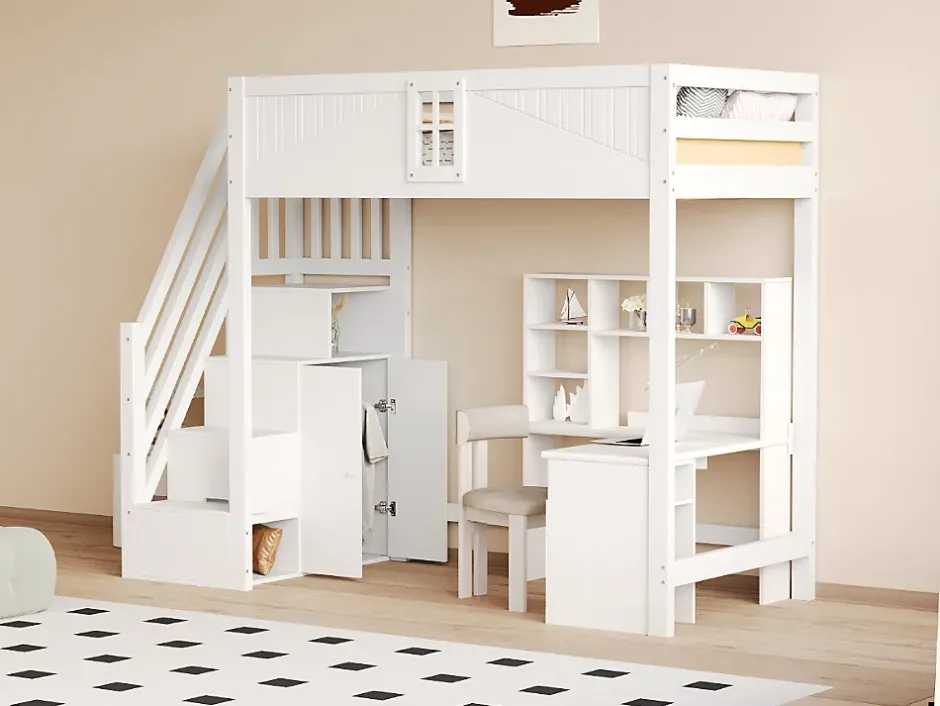 Redom Lit mezzanine bois massif 90 par 200 cm porte securite fenetre escalier interchangeable gauche droite blanc Discount