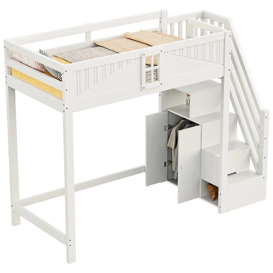 Redom Lit mezzanine bois massif 90 par 200 cm porte securite fenetre escalier interchangeable gauche droite blanc Discount