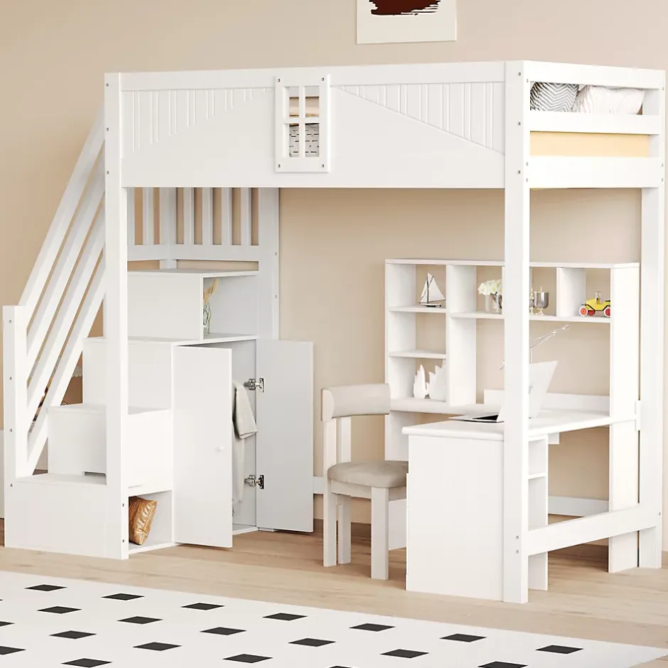 Redom Lit mezzanine bois massif 90 par 200 cm porte securite fenetre escalier interchangeable gauche droite blanc Discount