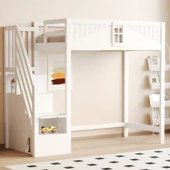 Redom Lit mezzanine bois massif 90 par 200 cm porte securite fenetre escalier interchangeable gauche droite blanc Discount