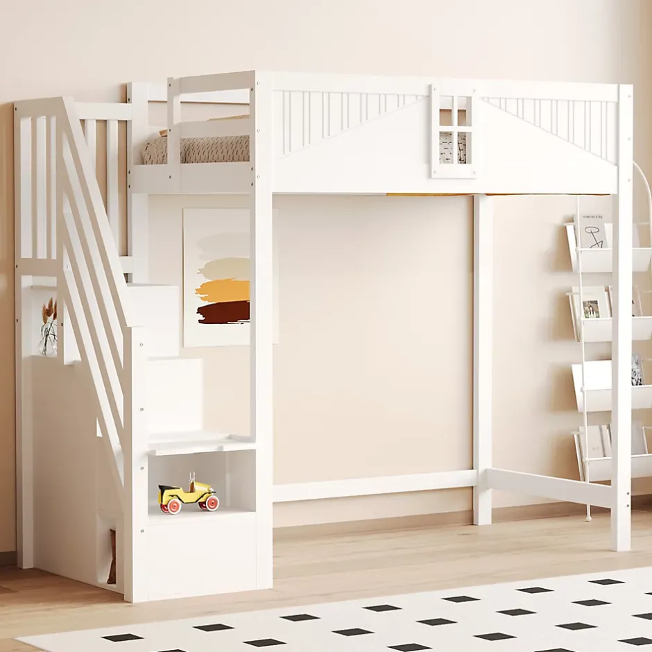 Redom Lit mezzanine bois massif 90 par 200 cm porte securite fenetre escalier interchangeable gauche droite blanc Discount