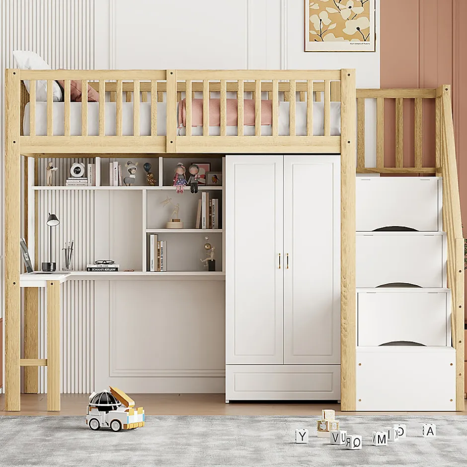Okwish Lit Mezzanine Bois 90x200 cm avec Armoire, Bureau et Escalier de Rangement, Lit Multifonction Blanc - Bois Naturel