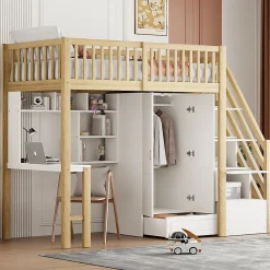 Okwish Lit Mezzanine Bois 90x200 cm avec Armoire, Bureau et Escalier de Rangement, Lit Multifonction Blanc - Bois Naturel