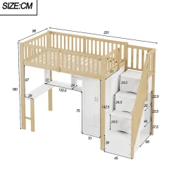 Okwish Lit Mezzanine Bois 90x200 cm avec Armoire, Bureau et Escalier de Rangement, Lit Multifonction Blanc - Bois Naturel