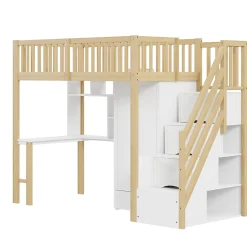 Okwish Lit Mezzanine Bois 90x200 cm avec Armoire, Bureau et Escalier de Rangement, Lit Multifonction Blanc - Bois Naturel
