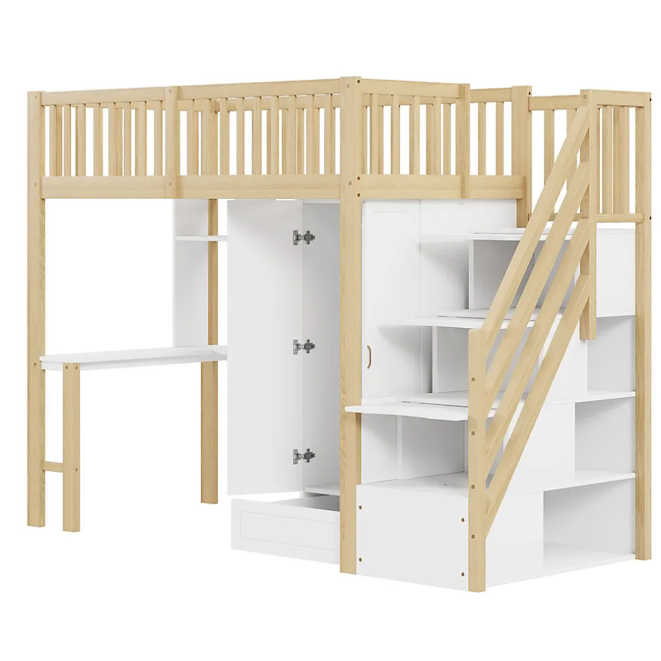 Okwish Lit Mezzanine Bois 90x200 cm avec Armoire, Bureau et Escalier de Rangement, Lit Multifonction Blanc - Bois Naturel