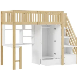 Okwish Lit Mezzanine Bois 90x200 cm avec Armoire, Bureau et Escalier de Rangement, Lit Multifonction Blanc - Bois Naturel