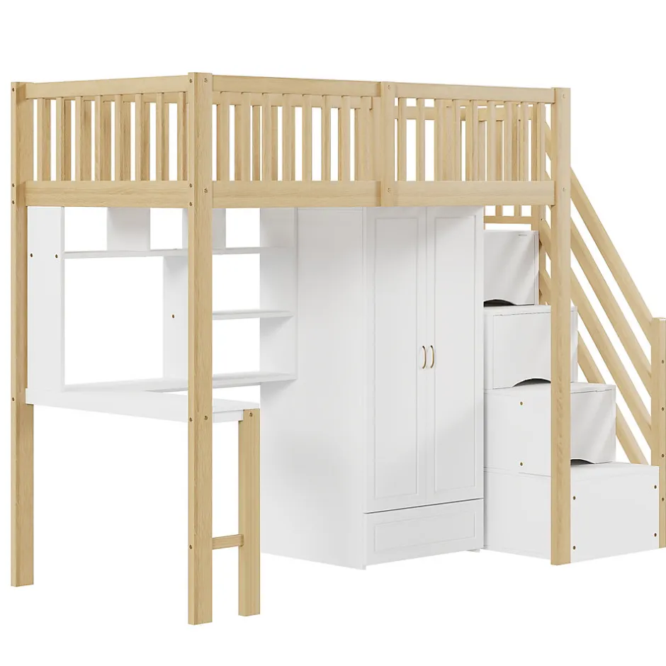 Okwish Lit Mezzanine Bois 90x200 cm avec Armoire, Bureau et Escalier de Rangement, Lit Multifonction Blanc - Bois Naturel