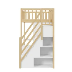 Okwish Lit Mezzanine Bois 90x200 cm avec Armoire, Bureau et Escalier de Rangement, Lit Multifonction Blanc - Bois Naturel