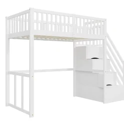 Okwish Lit Mezzanine Bois 90x200 cm enfant avec Escalier Sécurisé et Rangement Intégré - Blanc Outlet