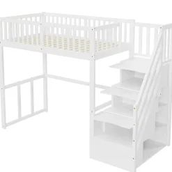 Okwish Lit Mezzanine Bois 90x200 cm enfant avec Escalier Sécurisé et Rangement Intégré - Blanc Outlet