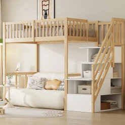Okwish Lit Mezzanine Bois 90x200 cm enfant avec Escalier Sécurisé et Rangement - Bois Naturel Hot