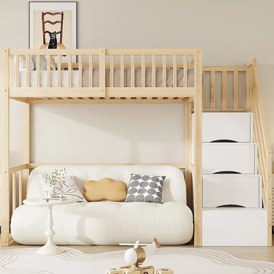 Okwish Lit Mezzanine Bois 90x200 cm enfant avec Escalier Sécurisé et Rangement - Bois Naturel Hot