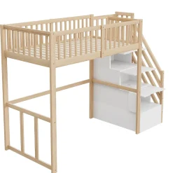 Okwish Lit Mezzanine Bois 90x200 cm enfant avec Escalier Sécurisé et Rangement - Bois Naturel Hot