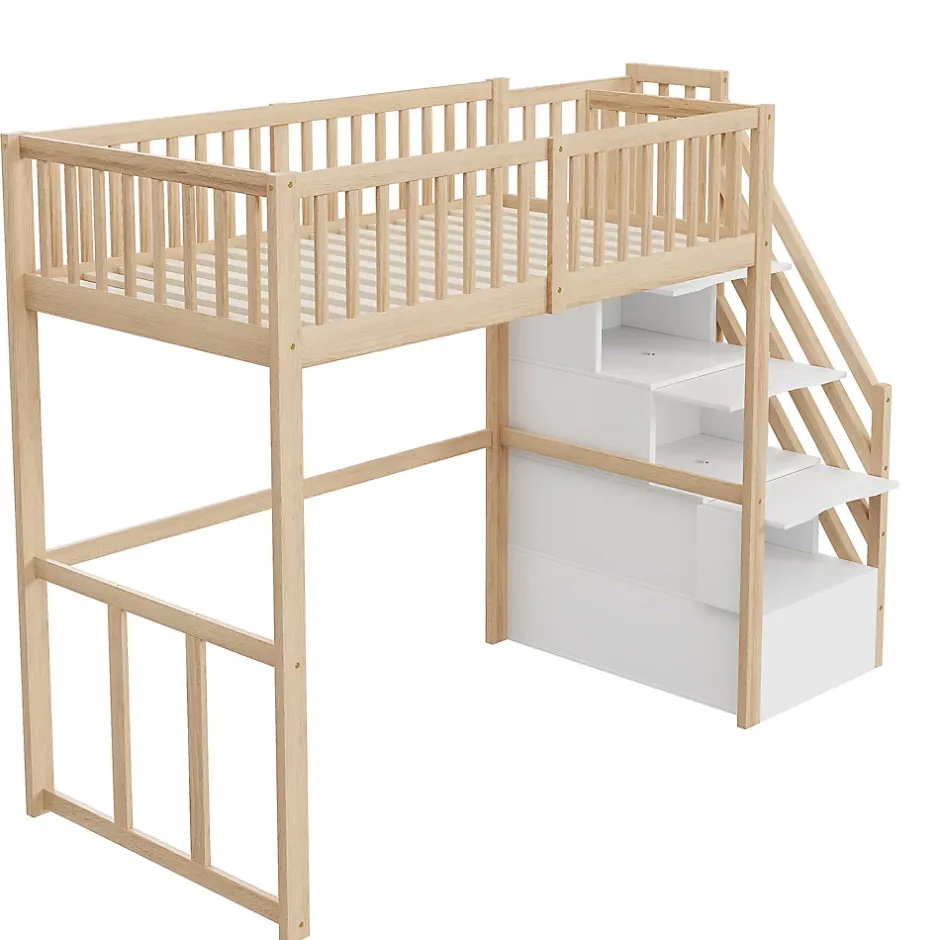 Okwish Lit Mezzanine Bois 90x200 cm enfant avec Escalier Sécurisé et Rangement - Bois Naturel Hot