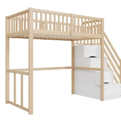 Okwish Lit Mezzanine Bois 90x200 cm enfant avec Escalier Sécurisé et Rangement - Bois Naturel Hot