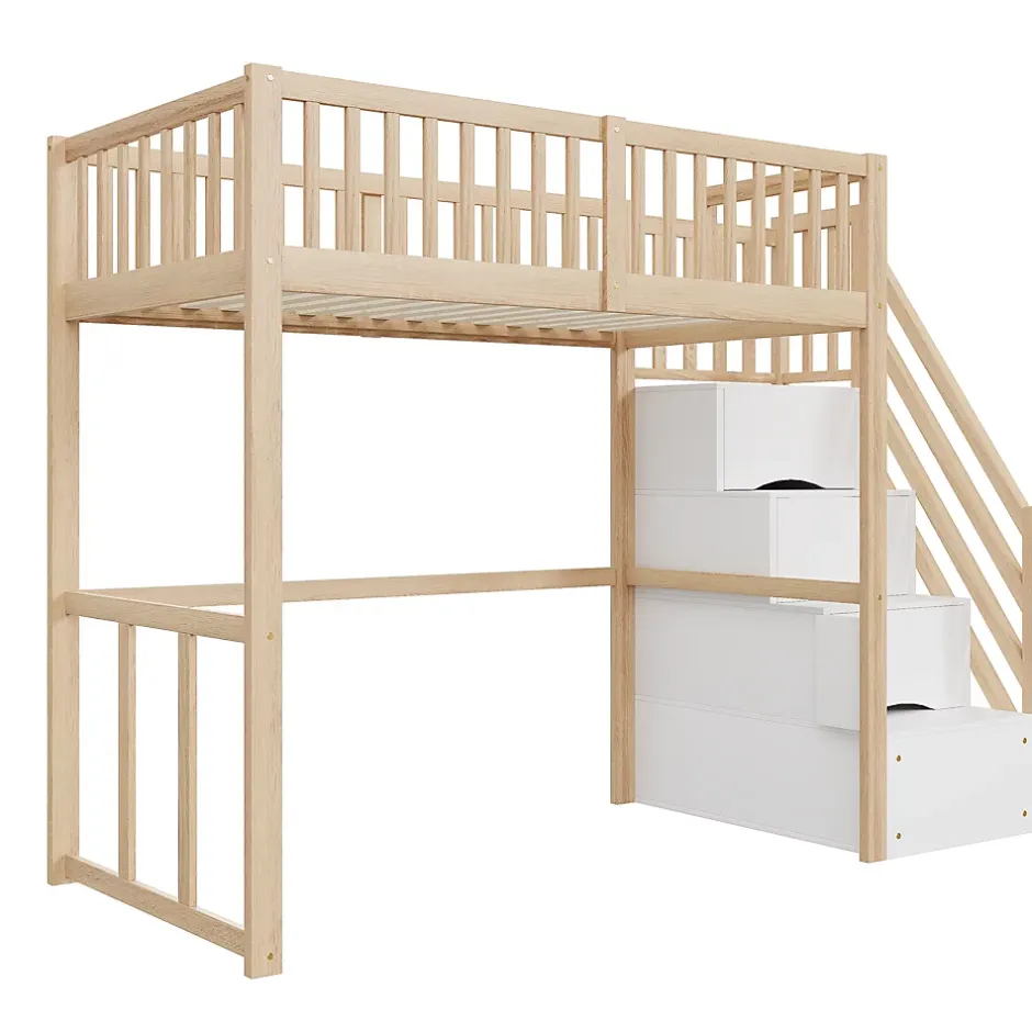 Okwish Lit Mezzanine Bois 90x200 cm enfant avec Escalier Sécurisé et Rangement - Bois Naturel Hot