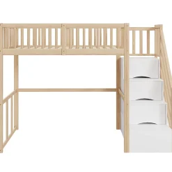 Okwish Lit Mezzanine Bois 90x200 cm enfant avec Escalier Sécurisé et Rangement - Bois Naturel Hot
