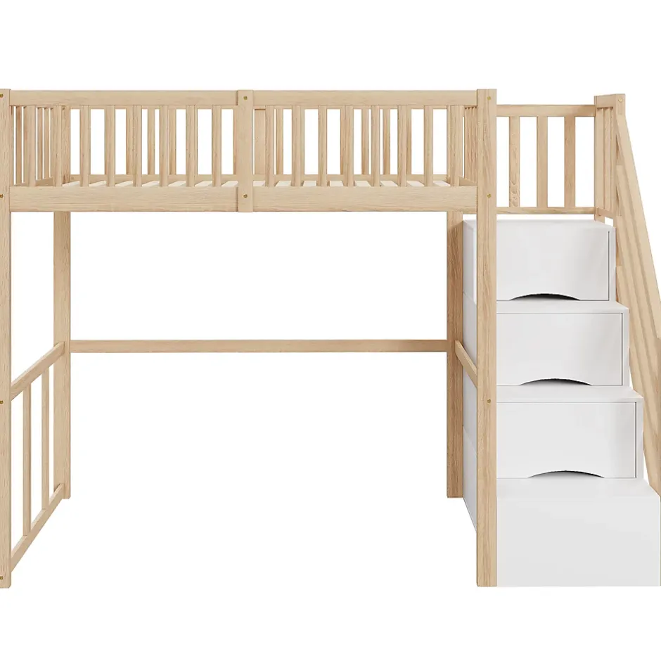 Okwish Lit Mezzanine Bois 90x200 cm enfant avec Escalier Sécurisé et Rangement - Bois Naturel Hot