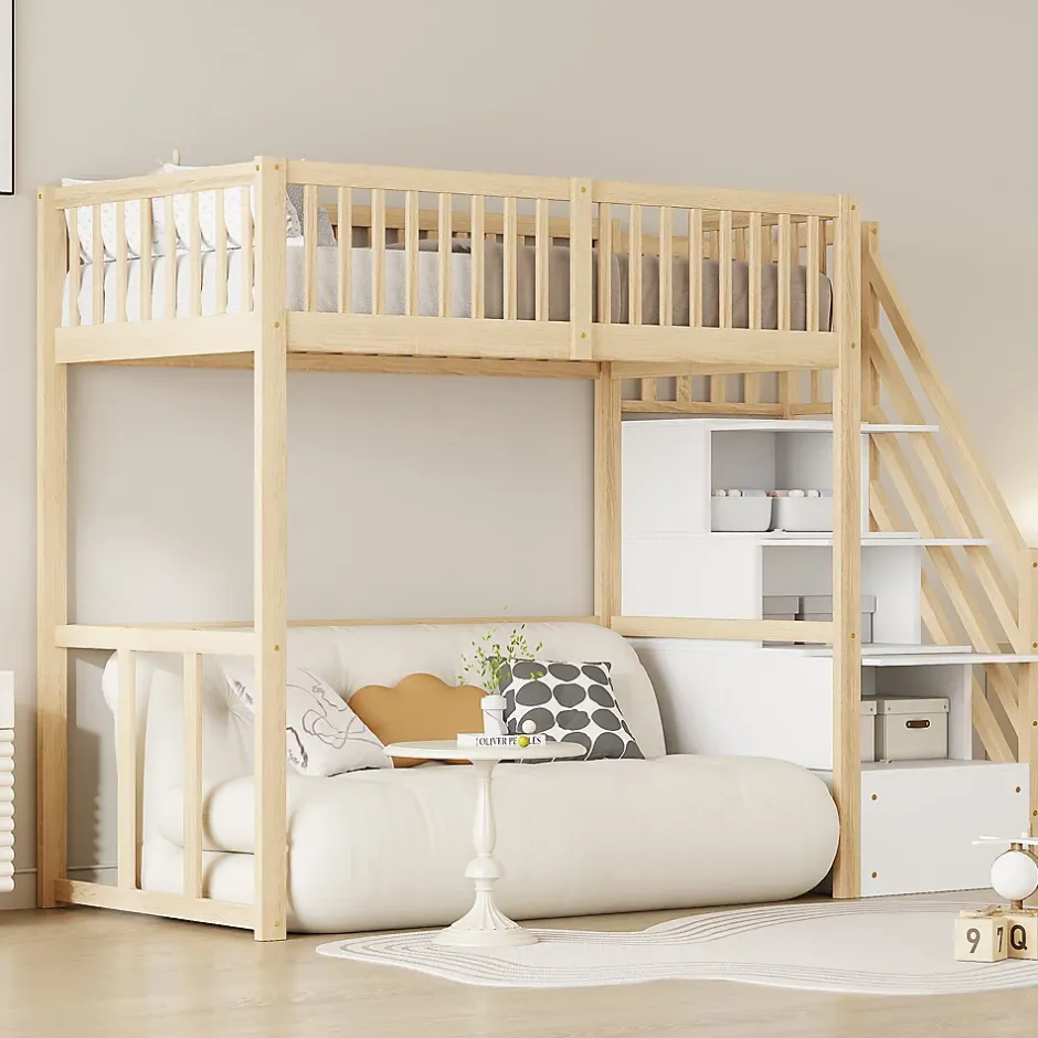 Okwish Lit Mezzanine Bois 90x200 cm enfant avec Escalier Sécurisé et Rangement - Bois Naturel Hot