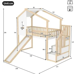 Okwish Lit mezzanine cabane 90x200 cm - Lit avec rangement sous l'escalier et toboggan - Pin naturel - Sans matelas - Blanc et Naturel Clearance