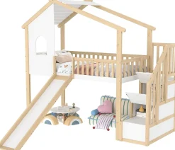 Okwish Lit mezzanine cabane 90x200 cm - Lit avec rangement sous l'escalier et toboggan - Pin naturel - Sans matelas - Blanc et Naturel Clearance