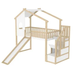 Okwish Lit mezzanine cabane 90x200 cm - Lit avec rangement sous l'escalier et toboggan - Pin naturel - Sans matelas - Blanc et Naturel Clearance