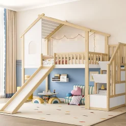 Okwish Lit mezzanine cabane 90x200 cm - Lit avec rangement sous l'escalier et toboggan - Pin naturel - Sans matelas - Blanc et Naturel Clearance