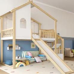 Okwish Lit mezzanine cabane 90x200 cm - Lit avec rangement sous l'escalier et toboggan - Pin naturel - Sans matelas - Blanc et Naturel Clearance