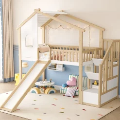 Okwish Lit mezzanine cabane 90x200 cm - Lit avec rangement sous l'escalier et toboggan - Pin naturel - Sans matelas - Blanc et Naturel Clearance