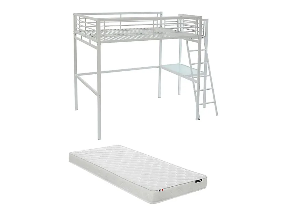 Vente-unique Lit mezzanine CASUAL II - 140 x 190 cm - plateforme bureau - Blanc + matelas Hot