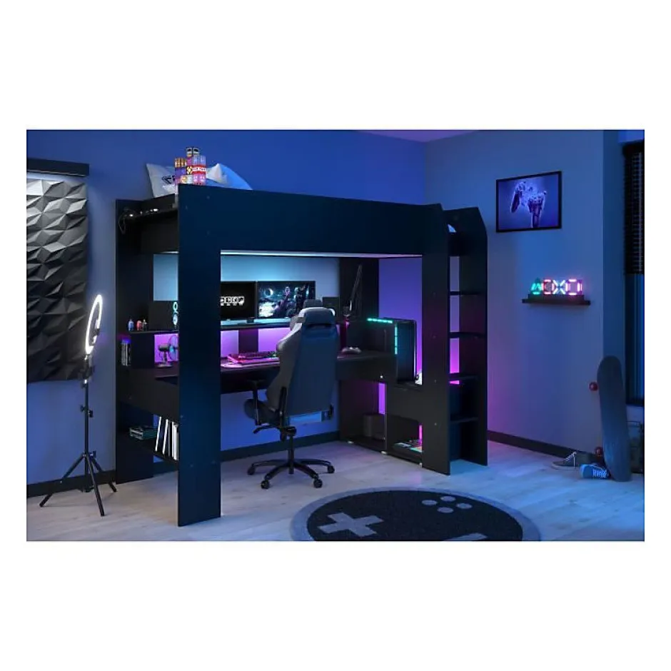 Parisot Lit mezzanine combine enfant LED Gamer ONLINE - 90 x 200 cm - Noir mat - Sommier inclus -
