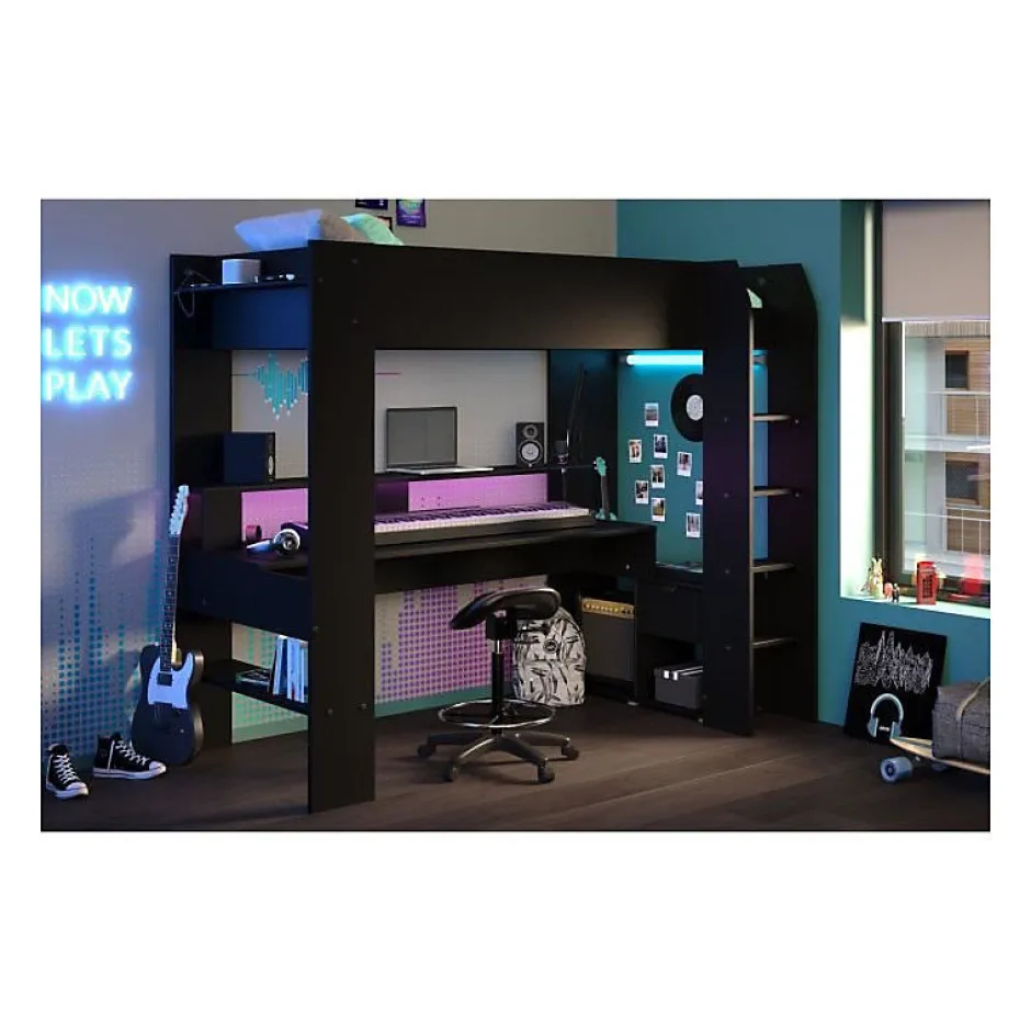 Parisot Lit mezzanine combine enfant LED Gamer ONLINE - 90 x 200 cm - Noir mat - Sommier inclus -