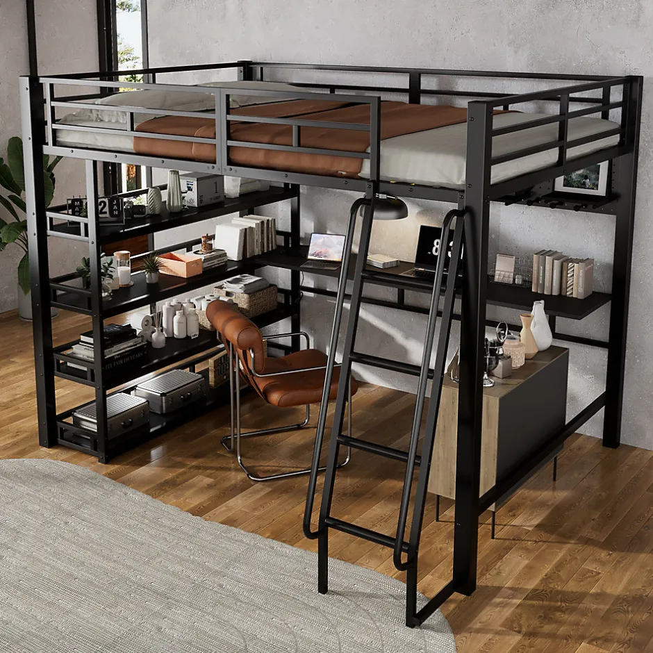 Okwish Lit mezzanine double 140x200 cm en métal avec rangements multiples, étagères, échelle à 4 marches et prise intégrée - noir