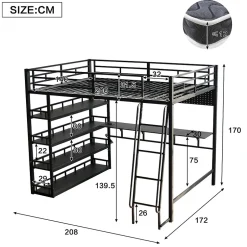 Okwish Lit mezzanine double 140x200 cm en métal avec rangements multiples, étagères, échelle à 4 marches et prise intégrée - noir