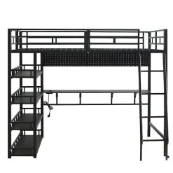 Okwish Lit mezzanine double 140x200 cm en métal avec rangements multiples, étagères, échelle à 4 marches et prise intégrée - noir