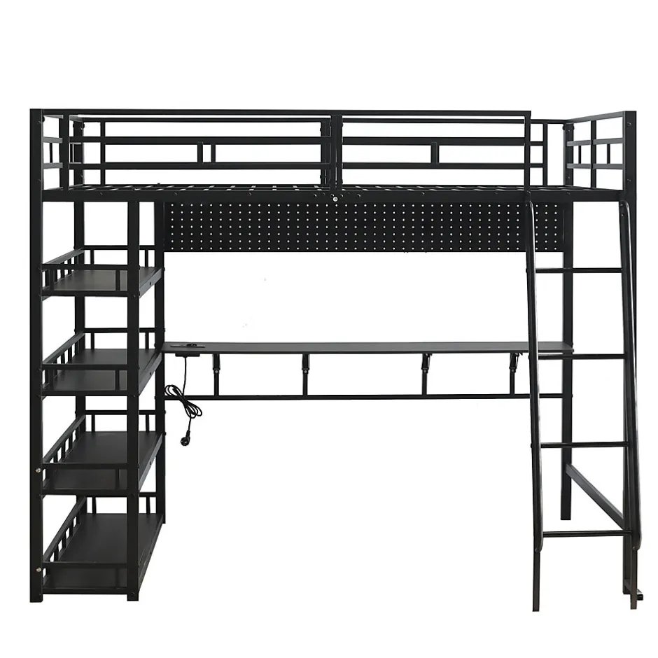 Okwish Lit mezzanine double 140x200 cm en métal avec rangements multiples, étagères, échelle à 4 marches et prise intégrée - noir