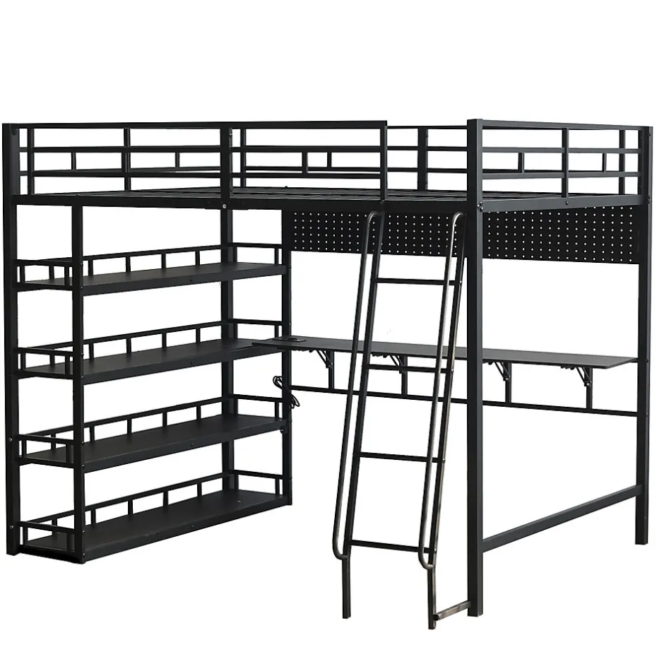 Okwish Lit mezzanine double 140x200 cm en métal avec rangements multiples, étagères, échelle à 4 marches et prise intégrée - noir