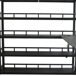 Okwish Lit mezzanine double 140x200 cm en métal avec rangements multiples, étagères, échelle à 4 marches et prise intégrée - noir