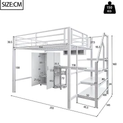 Okwish Lit Mezzanine Double 140x200 cm - Avec Bureau et Armoire Intégrés, Escalier avec Rangements - Sans Matelas - Blanc Clearance