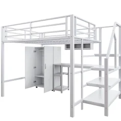Okwish Lit Mezzanine Double 140x200 cm - Avec Bureau et Armoire Intégrés, Escalier avec Rangements - Sans Matelas - Blanc Clearance