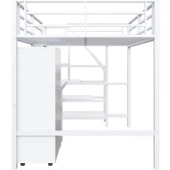 Okwish Lit Mezzanine Double 140x200 cm - Avec Bureau et Armoire Intégrés, Escalier avec Rangements - Sans Matelas - Blanc Clearance