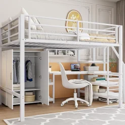 Okwish Lit Mezzanine Double 140x200 cm - Avec Bureau et Armoire Intégrés, Escalier avec Rangements - Sans Matelas - Blanc Clearance