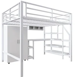 Okwish Lit Mezzanine Double 140x200 cm - Avec Bureau et Armoire Intégrés, Escalier avec Rangements - Sans Matelas - Blanc Clearance