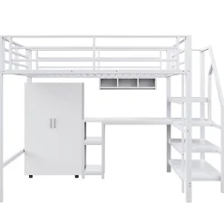 Okwish Lit Mezzanine Double 140x200 cm - Avec Bureau et Armoire Intégrés, Escalier avec Rangements - Sans Matelas - Blanc Clearance