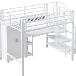 Okwish Lit Mezzanine Double 140x200 cm - Avec Bureau et Armoire Intégrés, Escalier avec Rangements - Sans Matelas - Blanc Clearance