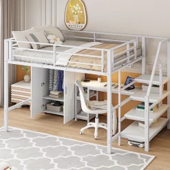 Okwish Lit Mezzanine Double 140x200 cm - Avec Bureau et Armoire Intégrés, Escalier avec Rangements - Sans Matelas - Blanc Clearance