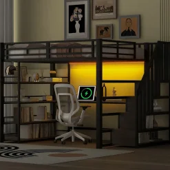 Okwish Lit Mezzanine Double 140x200 cm - Éclairage LED et Escaliers Sécurisés, Bureau Intégré et Rangements, sans Matelas - Métal Noir Sale