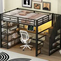 Okwish Lit Mezzanine Double 140x200 cm - Éclairage LED et Escaliers Sécurisés, Bureau Intégré et Rangements, sans Matelas - Métal Noir Sale