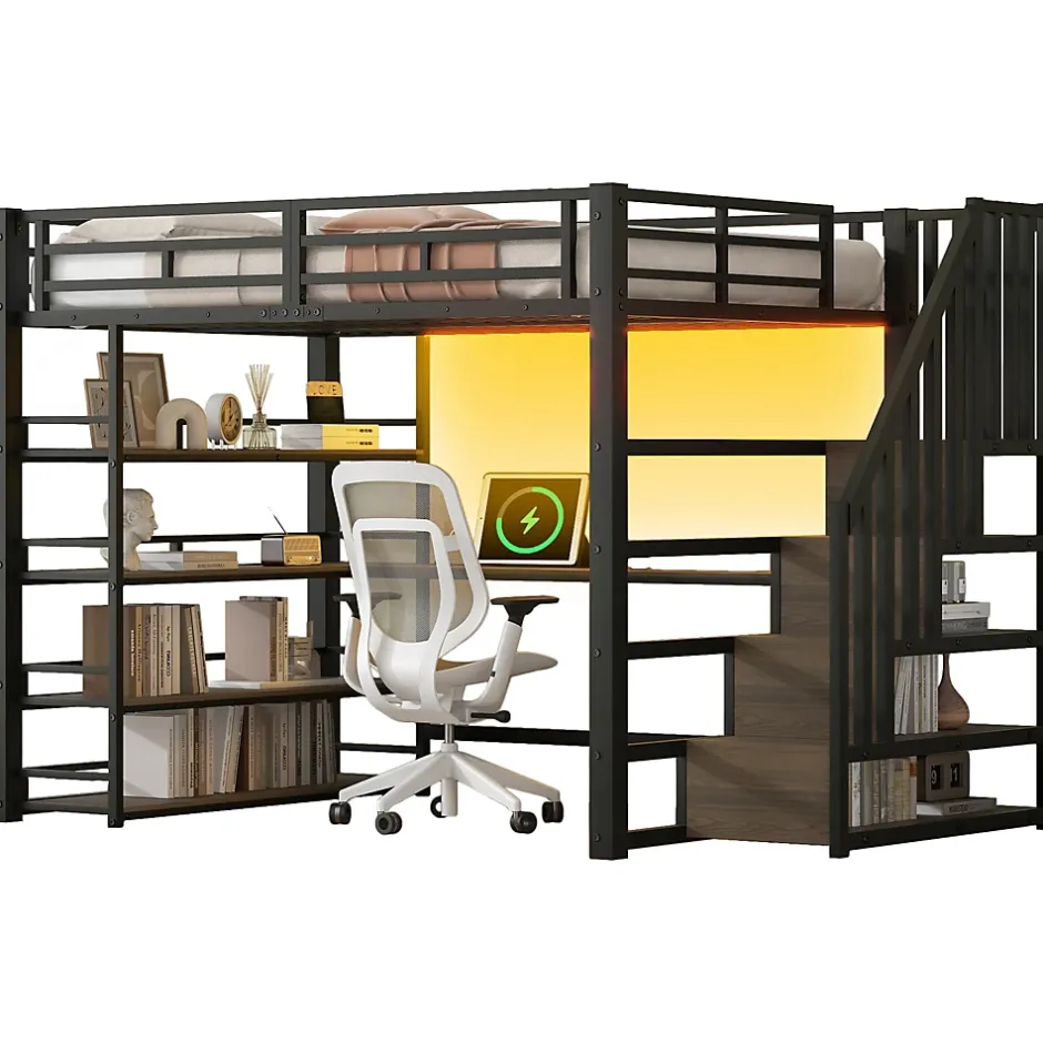 Okwish Lit Mezzanine Double 140x200 cm - Éclairage LED et Escaliers Sécurisés, Bureau Intégré et Rangements, sans Matelas - Métal Noir Sale